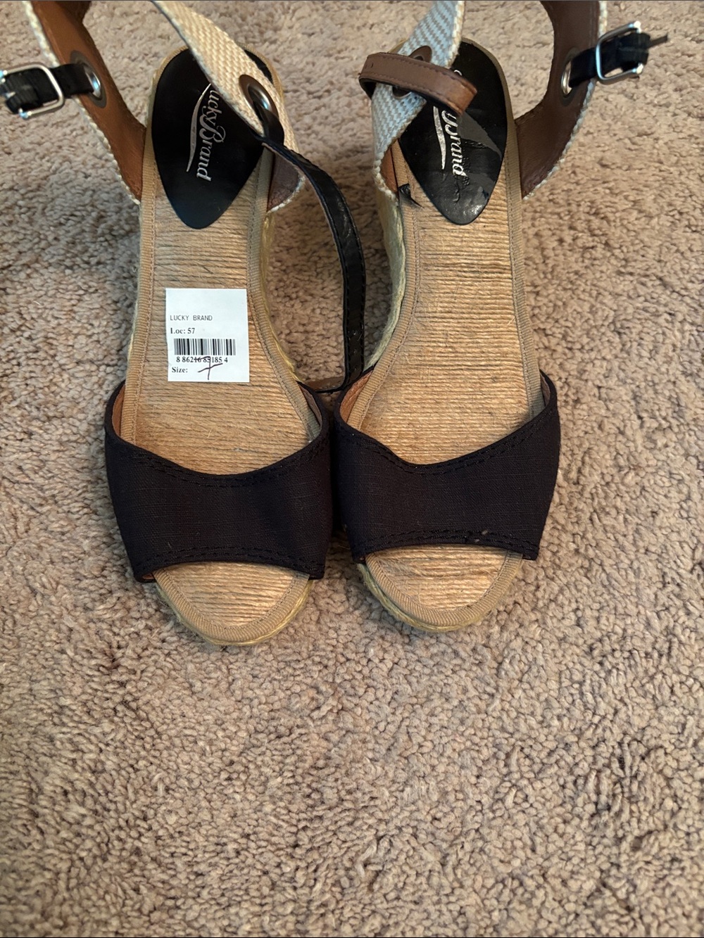Lucky Brand Black and Brown Woven Wedge Sandals